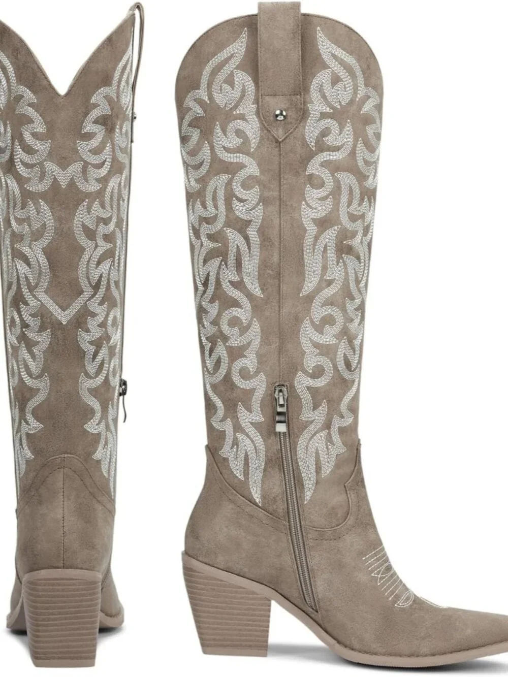 Women's Khaki Knee High Western Cowboy Boots with Embroidered Pointed Toe - Picture 4 of 6